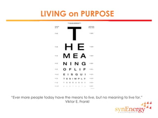 LIVING on PURPOSE
“Ever more people today have the means to live, but no meaning to live for.”
Viktor E. Frankl
 