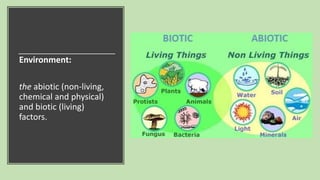Environment:
the abiotic (non-living,
chemical and physical)
and biotic (living)
factors.
 
