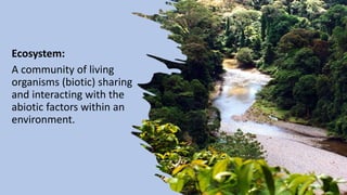 Ecosystem:
A community of living
organisms (biotic) sharing
and interacting with the
abiotic factors within an
environment.
 