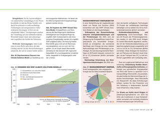 Dringlichkeit: Da die Geschwindigkeit                                                                technologischen Maßnahmen, mit denen die
       von industriellen Umstellungen in der Praxis                                                            für 2050 hochgerechnete Energienachfrage                MASSNAHMENPAKET ENERGIESEKTOR
       beschränkt ist und das Risiko besteht, sich                                                             gedeckt werden könnte.                                  In einer Weiterführung der wegbereitenden        nten die bereits verfügbaren Technologien
       durch Investitionen in nicht nachhaltige                                                                                                                        Arbeit von Pacala und Socolow (2004)             70 Prozent der verbleibenden Nachfrage
       Technologien auf energieintensive Infra-                                                                Abb. 36: Ergebnis des WWF Climate Solu-                 konzentriert sich das WWF Climate Solu-          befriedigen und so weitere 20,2 Gt an Koh-
       strukturen festzulegen, ist Zeit ein ent-                                                               tions Model. Energieeffizienz und Redu-                 tions Model um drei Hauptstrategien.             lendioxidemissionen jährlich vermeiden.
       scheidender Faktor. Verzögerungen machen                                                                zierung der Nachfrage (grün) stabilisieren                  Entkopplung des Zusammenhangs                   Kohlendioxidabscheidung             und
       die Umstellung auf eine kohlendioxidarme                                                                weitestgehend die Energienachfrage bis                  zwischen Energiedienstleistungen und             -speicherung (CCS-Technologie): Wei-
       Wirtschaft immer teurer und schwieriger                                                                 ungefähr 2020. Emissionsarme oder emis-                 der Primärenergie: Bis 2025 wird die             tere 26 Prozent der Primärenergieproduk-
       und vergrößern die Gefahr des Scheiterns.                                                               sionslose Energiequellen werden bis ungefähr            Steigerung der Energieeffizienz (mehr Ener-      tion werden im Jahr 2050 durch Anlagen
                                                                                                               2040 aufgebaut (blau). Die Nutzung fossiler             gieausbeute pro verwendeter Energie-             für fossile Brennstoffe abgedeckt werden,
         Weltweite Anstrengungen: Jedes Land                                                                   Brennstoffe (grau) wird auf ein Restniveau              einheit) es ermöglichen, die wachsende           die mit der Kohlendioxidabscheidung und
       muss in einer Rolle mitwirken, die dem                                                                  heruntergefahren und nur noch dort fort-                Nachfrage nach Energie bei einer stabilen        speicherungstechnologie ausgestattet sind
       Umfang und der Art der Herausforderungen                                                                geführt, wo ein Ersatz dieser Brennstoffe               Nettonachfrage nach Primärenergie zu be-         und so 3,8 Gt an CO2-Emissionen jährlich
       entspricht, die sich in seinem Gebiet stellen.                                                          schwierig ist. Das Szenario hält ungenutzte             friedigen. So wird die prognostizierte Nach-     vermeiden. Diese Strategie hat Auswirkun-
                                                                                                               Kapazitäten für unvorhergesehene Umstände               frage um 39 Prozent reduziert, wodurch 9,4       gen auf Planung und Standort neuer Anla-
       Abb. 35: Repräsentatives Szenario des                                                                   bereit, dargestellt im Energieangebot unter             Gt an CO2-Emissionen jährlich vermieden          gen, da der Transport des CO2 zu weit ent-
       Climate Solutions Model zur Darstellung von                                                             der x-Achse.                                            werden.                                          fernten Lagerstätten sehr kostspielig wäre.
                                                                                                                                                                          Gleichzeitige Entwicklung von Nied-




                                                                                                                                                                                                                                                                        RICHTUNGSWECHSEL
                                                                                                                                                                       rigemissionstechnologien: Bis 2050 kön-             Zwei sich ergänzende Maßnahmen sind
                                                                                                                                                                                                                        notwendig: Entwicklung flexibler Brenn-
         Abb. 36: ERGEBNIS DES WWF CLIMATE SOLUTIONS MODELLS                                                                                                           Abb. 37: MASSAHMENPAKET ENERGIE,                 stoffe und Energiespeichermethoden, um
                                              1,000                                                                             A1B endgültiger Energiebedarf          Anteil bereitgestellter oder eingesparter        Energie aus periodischen Energiequellen
                                                                     Energieeffizienz und reduzierter Bedarf
                                                                                                                                                                       Energie des für 2050 erwarteten Bedarfs          wie Wind oder Sonne zu speichern und in
Energie bereitgestellt oder eingespart (EJ pro Jahr)




                                                                     Klassische fossile Brennstoffe
                                                                                                                                                                                           2%                           transportfähige Brennstoffe umzuwandeln,
                                                       800           Atomkraft                                                                                                                        13%
                                                                     Null- und Niedrigemissionstechnik                                                                         16%                                      die gleichzeitig die Wärmenachfrage der In-
                                                                     Erdgas statt Kohle                                                                                                                                 dustrie berücksichtigen. Neue Brennstoffe
                                                       600                                                                                                                                                              wie Wasserstoff, die diese Anforderungen
                                                                                                                       WWF-Szenario endgültiger Energiebedarf                                                     12%
                                                                                                                                                                                                                        erfüllen, werden für ihre Produktion und
                                                       400                                                                                                              11%
                                                                                                                                                                                                                        ihre Verteilung in bedeutendem Ausmaß
                                                                                                                                                                                                                        neue Infrastruktur nötig machen.
                                                                                                                                                                         1%                                       11%
                                                       200                                                                                                                1%                                            Der Ersatz von Kohle durch Erdgas als
                                                                                                                                                                              6%                                        Überbrückungsmaßnahme von 2010 bis
                                                                                                                                                                                                             3%
                                                                                                                                                                               1%                                       2040, die Investitionen in neue Kohlekraft-
                                                         0                                                                                                                       2%                     6%
                                                                                                  Summe der Massnahmen übersteigt den Bedarf                                         5%                                 werke vermeidet und kurzfristig erhebliche
                                                                                                                                                                                                10%
                                                                                                     und ist anteilig unter der Nullinie dargestellt                                                                    Emissionseinsparungen hervorbringt.
                                                                                                                                                                         Beitrag weniger als 0.5%:
                                                       –200
                                                              1990          2000             2010               2020            2030             2040           2050



                                                                                                                                                                                                                                         LIVING PLANET REPORT 2008 27
 