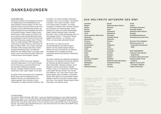 DANKSAGUNGEN

Living Planet Index                                     Foundation, The Lewis Foundation, Erlenmeyer
Die Autoren möchten sich bei folgenden Personen         Foundation, Roy A. Hunt Foundation, The Winslow
                                                                                                              DAS WELTWEITE NETZWERK DES WWF
und Organisationen für die Bereitstellung ihrer         Foundation, Flora Family Foundation, TAUPO
                                                                                                              Australien                              Mexiko                                Türkei
Daten bedanken: Richard Gregory und dem Euro-           Fund, Mental Insight Foundation, The Dudley
                                                                                                              Belgien                                 Mittelmeerregion (Italien)            Ungarn
pean Bird Census Council für Daten aus dem Pan-         Foundation, Foundation Harafi, Schweizer Direktion
                                                                                                              Bhutan                                  Mongolei                              Vereinigtes Königreich
European Common Bird Monitoring Scheme; der             für Entwicklung und Zusammenarbeit, Cooley
                                                                                                              Bolivien                                Nepal                                 Vereinigte Staaten
Global Population Dynamics Database des Centre          Godward LLP, Hans und Johanna Wackernagel-
                                                                                                              Brasilien                               Neuseeland                            Westliches Afrika (Ghana,
for Population Biology, Imperial College London;        Grädel, Daniela Schlettwein-Gsell, Annemarie
                                                                                                              China                                   Niederlande                           Senegal)
Derek Pomeroy, Betty Lutaaya und Herbert Tush-          Burckhardt, Oliver und Bea Wackernagel, Ruth und
                                                                                                              Donau-Karpaten (Österreich)             Norwegen                              Zentralafrika (Kamerun)
abe für Daten aus der National Biodiversity Data-       Hans Moppert-Vischer, F. Peter Seidel, Michael
                                                                                                              Dänemark                                Ostafrika (Kenia)                     Zentralamerika (Costa Rica)
base, Makerere University Institute of Environment      Saalfeld, Peter Koechlin, Luc Hoffmann, Lutz
                                                                                                              Deutschland                             Österreich
and Natural Resources, Uganda; Kristin Thorsrud         Peters und viele andere individuelle Förderer.
                                                                                                              Finnland                                Pakistan                              European Policy (Belgien)
Teien und Jorgen Randers, WWF Norwegen; Pere
Tomas-Vives, Christian Perennou, Driss Ezzine de        Wir möchten uns zudem bei den 90                      Frankreich                              Peru                                  Macroeconomics For
Blas und Patrick Grillas, Tour du Valat, Camargue,      Partnerorganisationen des Global Footprint            Griechenland                            Philippinen                            Sustainable Development
Frankreich; Parks Canada; David Henry, Kluane           Network und dem Global Footprint Network              Hongkong                                Polen                                  (USA)
Ecological Monitoring Project; Lisa Wilkinson,          National Accounts Committee für ihre Anleitung,       Indien                                  Russland
Alberta Fish and Wildlife Division; Juan Diego López    ihre Beiträge und ihr Engagement bei der              Indonesien                              Schweden                              WWF ASSOZIIERTE
Giraldo, dem Environmental Volunteer Programme          verlässlichen Berechnung nationaler Fußabdrücke       Italien                                 Schweiz                               Fundación Vida Silvestre
in Natural Areas of Murcia Region, Spanien..            bedanken.                                             Japan                                   Singapur                               (Argentinien)
                                                                                                              Kanada                                  Spanien                               Fundación Natura (Ecuador)
Ökologischer Fußabdruck                                 Die Autoren möchten sich außerdem bei folgenden       Kaukasus (Georgien)                     Südafrika                             Pasaules Dabas Fonds
Die Autoren möchten sich bei den folgenden              Personen für ihre hilfreichen Kommentare während      Kolumbien                               Südliches Afrika (Simbabwe)            (Lettland)
nationalen Regierungen für ihre Zusammenarbeit          der Erstellung des Berichts bedanken: Robin           Madagaskar                              Südpazifik (Fidschi)                  Nigerian Conservation
bei der Forschung zur genaueren Berechnung              Abell; Andrea Beier; Gianfranco Bologna; Carina       Malaysia                                Surinam                                Foundation (Nigeria)
des nationalen Fußabdrucks bedanken:                    Borgström Hansson; Susan Brown; Danielle              Mekong (Vietnam)                        Tansania                              Fudena (Venezuela)
Schweiz, Vereinigte Arabische Emirate, Finnland,        Chidlow; Lifeng Li; Kim Carstensen; Victoria Elias;
Deutschland, Irland, Japan, Belgien und Ecuador.        Lydia Gaskell; Monique Grooten; Cara Honzak;
                                                        Sue Lieberman; Tony Long; Colby Loucks; Leena
Ein großer Teil der Forschung für den vorliegenden      Iyengar; Miguel Jorge; Carl Mallon; Liz McLellan;
Bericht wäre ohne die Unterstützung durch               Damien Oettli; Stuart Orr; Duncan Pollard; Gordon
folgende Personen und Organisationen nicht              Shepherd; Geoffroy de Schutter; Stephan Singer;       Herausgegeben im Oktober 2008          © Text und Graphiken: 2008 WWF        Diagramme
möglich gewesen: Skoll Foundation, Pollux-              Rod Taylor; Toby Quantrill; Vishaish Uppal; Richard   vom WWF–World Wide Fund For            Alle Rechte vorbehalten               David Burles, Helen de Mattos
Privatstiftung, Fundação Calouste Gulbenkian, Oak       Worthington und Natascha Zwaal.                       Nature, Gland, Schweiz.
                                                                                                                                                     Das im vorliegenden Bericht           Druck: abcdruck, Heidelberg
                                                                                                              Deutsche Version                       enthaltene Material sowie             Gedruckt auf 100 % Recyclingpapier
                                                                                                              Übersetzung: Genial Translations,      geografische Bezeichnungen
                                                                                                              Berlin                                 implizieren keinerlei Stellungnahme
                                                                                                              Koordination: Christian Engel, WWF     von Seiten des WWF bezüglich
                                                                                                              Deutschland                            des legalen Status von Ländern,
                                                                                                              Produktion: Rainer Litty, Panda        Territorien und Gebieten sowie
                                                                                                              Förder Gesellschaft                    bezüglich ihrer Grenzziehung.
FOTONACHWEISE
Titel: Apollo 8, NASA, Dezember 1968. Seite 11, oben: Igor Shpilenok/naturepl.com; unten: Mark Carwardine/
                                                                                                              Jede vollständige oder teilweise Re-   A BANSON Production
naturepl.com. Seite 13, von links nach rechts, obere Reihe: Olivier Langrand/WWF; Pete Oxford/naturepl.com;
                                                                                                              produktion dieser Veröffentlichung     17f Sturton Street
Michel Roggo/WWF-Canon; zweite Reihe: Martin Harvey/WWF-Canon; Fritz Pölking/WWF; Brandon Cole/
                                                                                                              muss ihren Titel nennen und den        Cambridge CB1 2QG, UK
naturepl.com; dritte Reihe: Brian Kenney; R. Isotti, A. Cambone-Homo ambiens/WWF-Canon; Don Riepe/Still
                                                                                                              vorstehenden Verleger als Inhaber
Pictures; untere Reihe: Barry Mansell/naturepl.com; Doug Perrine/naturepl.com; Martin Harvey/WWF-Canon.
                                                                                                              der Urheberrechte angeben.
Page 31: Pablo Corral/WWF-Canon.
 
