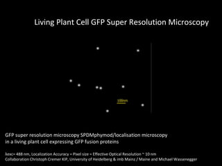 Living Plant Cell GFP Super Resolution Microscopy




GFP super resolution microscopy SPDMphymod/localisation microscopy
in a living plant cell expressing GFP fusion proteins

λexc= 488 nm, Localization Accuracy = Pixel size = Effective Optical Resolution ~ 10 nm
Collaboration Christoph Cremer KIP, University of Heidelberg & imb Mainz / Maine and Michael Wassenegger
 
