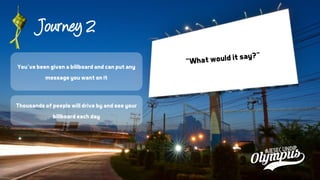 Journey 2
You’ve been given a billboard and can put any
message you want on it
Thousands of people will drive by and see your
billboard each day
 