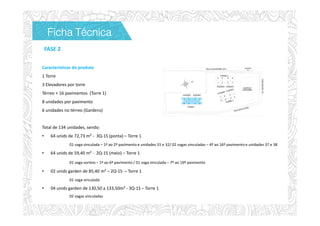 Características do produto
1 Torre
3 Elevadores por torre
Térreo + 16 pavimentos (Torre 1)
8 unidades por pavimento
6 unidades no térreo (Gardens)
Total de 134 unidades, sendo:
• 64 unids de 72,73 m² - 3Q-1S (ponta) – Torre 1
01 vaga vinculada – 1º ao 2º pavimento e unidades 31 e 32/ 02 vagas vinculadas – 4º ao 16º pavimento e unidades 37 e 38
• 64 unids de 59,40 m² - 2Q-1S (meio) – Torre 1
01 vaga sorteio – 1º ao 6º pavimento / 01 vaga vinculada – 7º ao 16º pavimento
• 02 unids garden de 85,40 m² – 2Q-1S – Torre 1
01 vaga vinculada
• 04 unids garden de 130,50 a 133,50m² - 3Q-1S – Torre 1
02 vagas vinculadas
FASE 2
Ficha TécnicaFicha TécnicaFicha TécnicaFicha Técnica
 