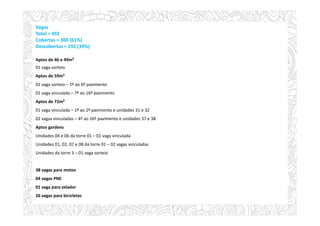 Vagas
Total = 492
Cobertas = 300 (61%)
Descobertas = 192 (39%)
Aptos de 46 e 49m²
01 vaga sorteio
Aptos de 59m²
01 vaga sorteio – 1º ao 6º pavimento
01 vaga vinculada – 7º ao 16º pavimento
Aptos de 72m²
01 vaga vinculada – 1º ao 2º pavimento e unidades 31 e 32
02 vagas vinculadas – 4º ao 16º pavimento e unidades 37 e 38
Aptos gardens
Unidades 04 e 06 da torre 01 – 01 vaga vinculada
Unidades 01, 02, 07 e 08 da torre 01 – 02 vagas vinculadas
Unidades da torre 3 – 01 vaga sorteio
38 vagas para motos
04 vagas PNE
01 vaga para zelador
26 vagas para bicicletas
 