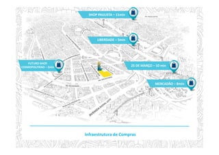 MERCADÃO – 8min
LIBERDADE – 5min
FUTURO SHOP.
COSMOPOLITANO – 2min 25 DE MARÇO – 10 min
SHOP PAULISTA – 11min
Infraestrutura de Compras
 