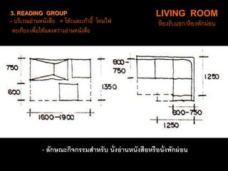 3. READING GROUP
- บริเวณอ่านหนังสือ = โต๊ะและเก้าอี้ โคมไฟ
ตะเกียงเพื่อให้แสงสว่างอ่านหนังสือ
- ลักษณะกิจกรรมสาหรับ นั่งอ่านหนังสือหรือนั่งพักผ่อน
LIVING ROOM
ห้องรับแขก/ห้องพักผ่อน
 