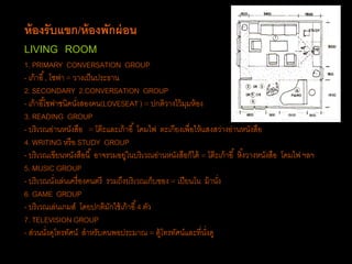 ห้องรับแขก/ห้องพักผ่อน
LIVING ROOM
1. PRIMARY CONVERSATION GROUP
- เก้าอี้, โซฟา = วางเป็นประธาน
2. SECONDARY 2.CONVERSATION GROUP
- เก้าอี้โซฟาชนิดนั่งสองคน(LOVESEAT ) = ปกติวางไว้มุมห้อง
3. READING GROUP
- บริเวณอ่านหนังสือ = โต๊ะและเก้าอี้ โคมไฟ ตะเกียงเพื่อให้แสงสว่างอ่านหนังสือ
4. WRITING หรือ STUDY GROUP
- บริเวณเขียนหนังสือนี้ อาจรวมอยู่ในบริเวณอ่านหนังสือก็ได้ = โต๊ะเก้าอี้ หิ้งวางหนังสือ โคมไฟ ฯลฯ
5. MUSIC GROUP
- บริเวณนั่งเล่นเครื่องคนตรี รวมถึงบริเวณเก็บของ = เปียนโน ม้านั่ง
6. GAME GROUP
- บริเวณเล่นเกมส์ โดยปกติมักใช้เก้าอี้4 ตัว
7. TELEVISION GROUP
- ส่วนนั่งดุโทรทัศน์ สาหรับคนพอประมาณ = ตู้โทรทัศน์และที่นั่งดู
 