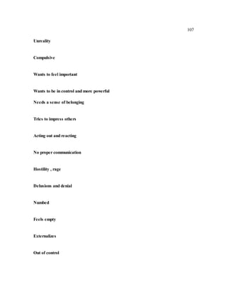 107
Unreality
Compulsive
Wants to feel important
Wants to be in control and more powerful
Needs a sense of belonging
Tries to impress others
Acting out and reacting
No proper communication
Hostility , rage
Delusions and denial
Numbed
Feels empty
Externalizes
Out of control
 