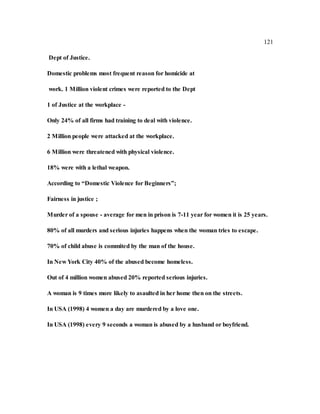 121
Dept of Justice.
Domestic problems most frequent reason for homicide at
work. 1 Million violent crimes were reported to the Dept
1 of Justice at the workplace -
Only 24% of all firms had training to deal with violence.
2 Million people were attacked at the workplace.
6 Million were threatened with physical violence.
18% were with a lethal weapon.
According to “Domestic Violence for Beginners”;
Fairness in justice ;
Murder of a spouse - average for men in prison is 7-11 year for women it is 25 years.
80% of all murders and serious injuries happens when the woman tries to escape.
70% of child abuse is commited by the man of the house.
In New York City 40% of the abused become homeless.
Out of 4 million women abused 20% reported serious injuries.
A woman is 9 times more likely to asaulted in her home then on the streets.
In USA (1998) 4 women a day are murdered by a love one.
In USA (1998) every 9 seconds a woman is abused by a husband or boyfriend.
 