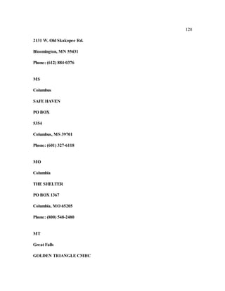 128
2131 W. Old Skakopee Rd.
Bloomington, MN 55431
Phone: (612) 884-0376
MS
Columbus
SAFE HAVEN
PO BOX
5354
Columbus, MS 39701
Phone: (601) 327-6118
MO
Columbia
THE SHELTER
PO BOX 1367
Columbia, MO 65205
Phone: (800) 548-2480
MT
Great Falls
GOLDEN TRIANGLE CMHC
 