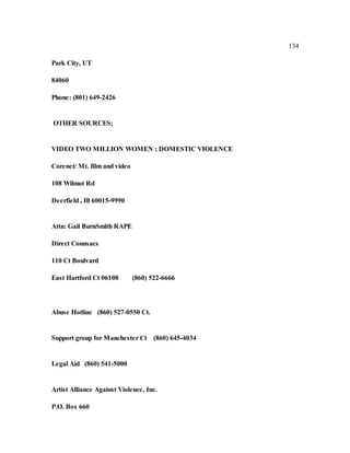 134
Park City, UT
84060
Phone: (801) 649-2426
OTHER SOURCES;
VIDEO TWO MILLION WOMEN ; DOMESTIC VIOLENCE
Corenet/ Mt. film and video
108 Wilmot Rd
Deerfield , Ill 60015-9990
Attn: Gail BurnSmith RAPE
Direct Connsacs
110 Ct Boulvard
East Hartford Ct 06108 (860) 522-6666
Abuse Hotline (860) 527-0550 Ct.
Support group for Manchester Ct (860) 645-4034
Legal Aid (860) 541-5000
Artist Alliance Against Violence, Inc.
P.O. Box 660
 