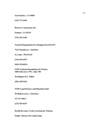 137
San Fransico , CA 94003
(415) 777-4496
Batterers Anonymous BA
Fontana , CA 92335
(714) 355-1100
National Organization for Changing Men RAVEN
7314 Manchester , 2nd Floor
St. Louis , MO 63143
(314) 645-2075
FOR WOMEN;
NOW National Organization for Women
1000 16th street NW , Suite 700
Washington D.C. 20036
(202) 328-5160
NOW Legal Defense and Education Fund
99 Hudson street , 12th Floor
NY NY 10013
(212) 925-6635
Health Resource Center on Domestic Violence
Family Violence Prevention Fund
 