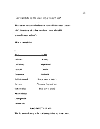 28
Can we predict a possible abuser before we marry him?
There are no guarantees but here are some guidelines and examples.
Jim's behavior perplexed me greatly so I made a list of his
personality pro's and con's.
Here is a sample list;
BAD GOOD
Implosive Giving
Controlling Dependable
Forgetful Faithful
Compulsive Good cook
Quick tempered Always wants to improve
Careless Wants marriage and kids
Self-absorbed Tried hard to please
Absent minded
Over spender
Inconsistent
HOW JIM FOOLED ME.
This list was made early in the relationship before any crimes were
 