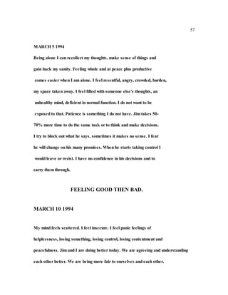 57
MARCH 5 1994
Being alone I can recollect my thoughts, make sense of things and
gain back my sanity. Feeling whole and at peace plus productive
comes easier when I am alone. I feel resentful, angry, crowded, burden,
my space taken away. I feel filled with someone else's thoughts, an
unhealthy mind, deficient in normal function. I do not want to be
exposed to that. Patience is something I do not have. Jim takes 50-
70% more time to do the same task or to think and make decisions.
I try to block out what he says, sometimes it makes no sense. I fear
he will change on his many promises. When he starts taking control I
would leave or resist. I have no confidence in his decisions and to
carry them through.
FEELING GOOD THEN BAD.
MARCH 10 1994
My mind feels scattered. I feel insecure. I feel panic feelings of
helplessness, losing something, losing control, losing contentment and
peacefulness. Jim and I are doing better today. We are agreeing and understanding
each other better. We are being more fair to ourselves and each other.
 
