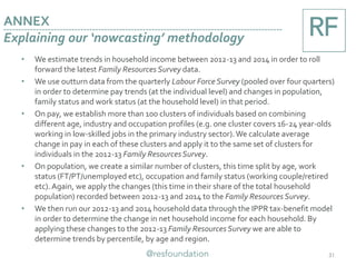 • We estimate trends in household income between 2012-13 and 2014 in order to roll
forward the latest Family Resources Survey data.
• We use outturn data from the quarterly Labour Force Survey (pooled over four quarters)
in order to determine pay trends (at the individual level) and changes in population,
family status and work status (at the household level) in that period.
• On pay, we establish more than 100 clusters of individuals based on combining
different age, industry and occupation profiles (e.g. one cluster covers 16-24 year-olds
working in low-skilled jobs in the primary industry sector).We calculate average
change in pay in each of these clusters and apply it to the same set of clusters for
individuals in the 2012-13 Family ResourcesSurvey.
• On population, we create a similar number of clusters, this time split by age, work
status (FT/PT/unemployed etc), occupation and family status (working couple/retired
etc). Again, we apply the changes (this time in their share of the total household
population) recorded between 2012-13 and 2014 to the Family Resources Survey.
• We then run our 2012-13 and 2014 household data through the IPPR tax-benefit model
in order to determine the change in net household income for each household. By
applying these changes to the 2012-13 Family Resources Survey we are able to
determine trends by percentile, by age and region.
31
ANNEX
Explaining our ‘nowcasting’ methodology
 