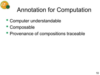 Annotation for Computation
• Computer understandable
• Composable
• Provenance of compositions traceable




                                         10
 