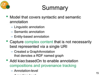 Summary
• Model that covers syntactic and semantic
  annotation
  – Linguistic annotation
  – Semantic annotation
  – Entity-based annotation
• Capture complex content that is not necessarily
  best represented via a single URI
  – Created a GraphAnnotation
    that denotes a RDF named graph
• Add kiao:basedOn to enable annotation
  compositions and provenance tracking
  – Annotation-level
                                                    15
 