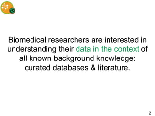 Biomedical researchers are interested in
understanding their data in the context of
   all known background knowledge:
   ...
