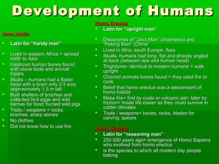 Development of HumansDevelopment of Humans
Homo HabilisHomo Habilis
 Latin for “handy man”Latin for “handy man”
 Lived in eastern Africa > spreadLived in eastern Africa > spread
north to Asianorth to Asia
 fossilized human bones foundfossilized human bones found
with stone tools and animalwith stone tools and animal
fossilsfossils
 Skulls – humans had a flatterSkulls – humans had a flatter
head with a brain only 2/3 size;head with a brain only 2/3 size;
approximately 1.5 m tallapproximately 1.5 m tall
 Built shelters of braches andBuilt shelters of braches and
collected bird eggs and wildcollected bird eggs and wild
berries for food; hunted wild pigsberries for food; hunted wild pigs
 Tools / weapons = rocks,Tools / weapons = rocks,
braches, sharp stonesbraches, sharp stones
 No clothesNo clothes
 Did not know how to use fireDid not know how to use fire
Homo ErectusHomo Erectus
 Latin for “upright man”Latin for “upright man”
 Discoveries of “Java Man” (Indonesia) andDiscoveries of “Java Man” (Indonesia) and
“Peking Man” (China”“Peking Man” (China”
 Lived in Afria, south Europe, AsiaLived in Afria, south Europe, Asia
 Skulls- humans had long, flat and sharply angledSkulls- humans had long, flat and sharply angled
at back (between ape and human head)at back (between ape and human head)
 Thighbone- identical to modern humans > walkThighbone- identical to modern humans > walk
uprightupright
 Charred animals bones found = they used fire toCharred animals bones found = they used fire to
cookcook
 Belief that homo erectus was a descendant ofBelief that homo erectus was a descendant of
homo habilishomo habilis
 Make fire= first by coals or volcanic ash; later byMake fire= first by coals or volcanic ash; later by
friction= made life easier as they could survive infriction= made life easier as they could survive in
colder climatescolder climates
 Tools / weapons= bones, rocks, blades forTools / weapons= bones, rocks, blades for
carving, spearscarving, spears
Homo SapiensHomo Sapiens
 Latin for “reasoning man”Latin for “reasoning man”
 250 000 years ago= emergence of Homo Sapiens250 000 years ago= emergence of Homo Sapiens
who evolved from homo erectuswho evolved from homo erectus
 is the species to which all modern day peopleis the species to which all modern day people
belongbelong
 