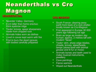 Neanderthals vs CroNeanderthals vs Cro
MagnonMagnon
NEANDERATHALNEANDERATHAL
 Neander Valley- GermanyNeander Valley- Germany
 6 cm taller than homo erectus;6 cm taller than homo erectus;
thick eyebrow ridgethick eyebrow ridge
 Tools= knives, spear sharpenersTools= knives, spear sharpeners
made from chipped rockmade from chipped rock
 Animals hides worn as clothesAnimals hides worn as clothes
 Lived in caves kept warm with fireLived in caves kept warm with fire
 First to bury the dead (gravesFirst to bury the dead (graves
with bodies carefully preparedwith bodies carefully prepared
CRO MAGNONCRO MAGNON
 South France- clearing awaySouth France- clearing away
earth from back of a rock shelterearth from back of a rock shelter
locally known as Cro-Magnonlocally known as Cro-Magnon
 First appeared in Europe 30 000First appeared in Europe 30 000
years ago following ice ageyears ago following ice age
 Brain as large as modern dayBrain as large as modern day
human; approx. 2 metres tall withhuman; approx. 2 metres tall with
modern “faces”modern “faces”
 Tools= slim, sharp edge blades,Tools= slim, sharp edge blades,
chisels, knives, spearheads,chisels, knives, spearheads,
lamps (stone bowl with animallamps (stone bowl with animal
grease and lit fur or moss)grease and lit fur or moss)
 Animals bones and teeth used toAnimals bones and teeth used to
make musical instruments,make musical instruments,
jewelleryjewellery
 Cave paintingsCave paintings
 Fierce warriorsFierce warriors
 Wiped out NeanderthalsWiped out Neanderthals
 