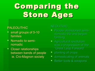 Comparing theComparing the
Stone AgesStone Ages
PALEOLITHICPALEOLITHIC
 small groups of 5-10small groups of 5-10
familiesfamilies
 Nomadic to semi-Nomadic to semi-
nomadicnomadic
 Closer relationshipsCloser relationships
between bands of peoplebetween bands of people
ie. Cro-Magnon societyie. Cro-Magnon society
NEOLITHICNEOLITHIC
 People abandoned semi-People abandoned semi-
nomadic life and begannomadic life and began
farmingfarming
 Agricultural revolutionAgricultural revolution
was a progression of thewas a progression of the
“Great Leap Forward”“Great Leap Forward”
 planting of cropsplanting of crops
 domesticating of animalsdomesticating of animals
 Better tools & weaponsBetter tools & weapons
 
