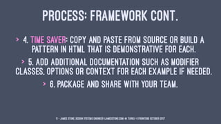 PROCESS: FRAMEWORK CONT.
> 4. Time Saver: Copy and paste from source or build a
pattern in HTML that is demonstrative for ...