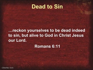 Dead to Sin
…reckon yourselves to be dead indeed
to sin, but alive to God in Christ Jesus
our Lord.
Romans 6:11
 