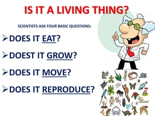 IS IT A LIVING THING?
SCIENTISTS ASK FOUR BASIC QUESTIONS:
DOES IT EAT?
DOEST IT GROW?
DOES IT MOVE?
DOES IT REPRODUCE?