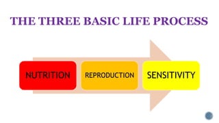 THE THREE BASIC LIFE PROCESS
NUTRITION REPRODUCTION SENSITIVITY
 