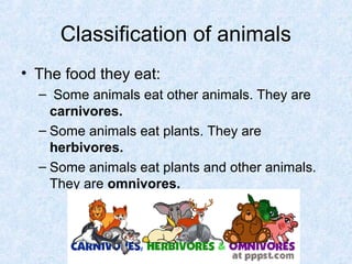 Classification of animals
• The food they eat:
  – Some animals eat other animals. They are
    carnivores.
  – Some animals eat plants. They are
    herbivores.
  – Some animals eat plants and other animals.
    They are omnivores.
 