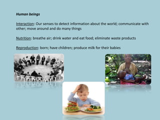 Human beings
Interaction: Our senses to detect information about the world; communicate with
other; move around and do many things
Nutrition: breathe air; drink water and eat food; eliminate waste products
Reproduction: born; have children; produce milk for their babies

 