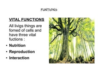 funtions
VITAL FUNCTIONS
All livigs things are
forned of cells and
have three vital
fuctions :
● Nutrition
● Reproduction
● Interaction
 