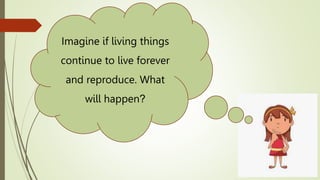 Imagine if living things
continue to live forever
and reproduce. What
will happen?
 