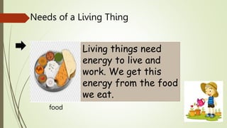 food
Living things need
energy to live and
work. We get this
energy from the food
we eat.
Needs of a Living Thing
 