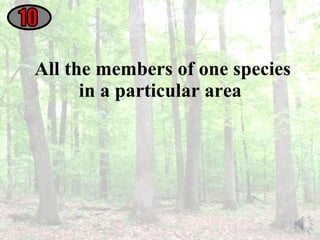 All the members of one species in a particular area  10 