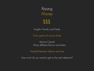 Raising
Money
Angels, Friends, and Family
Govt. grants of various kinds
Venture Capital
Many different flavors and tastes
Tradeoff between dilution and time
How much do you need to get to the next milestone?
$$$
 