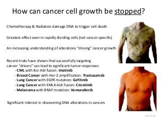 How can cancer cell growth be stopped?
(NEJM 2004)
(NEJM 2010)
(NEJM 2010)
(JCO 2011)
Significant interest in discovering DNA alterations in cancers
Chemotherapy & Radiation damage DNA to trigger cell death
Greatest effect seen in rapidly dividing cells (not cancer-specific)
An increasing understanding of alterations “driving” cancer growth
Recent trials have shown that successfully targeting
cancer “drivers” can lead to significant tumor responses:
- CML with Bcr-Abl fusion: Imatinib
- Breast Cancer with Her-2 amplification: Trastuzumab
- Lung Cancer with EGFR mutation: Gefitinib
- Lung Cancer with EML4-ALK fusion: Crizotinib
- Melanoma with BRAF mutation: Vemurafenib
 