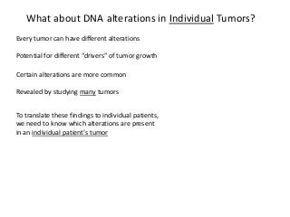 What about DNA alterations in Individual Tumors?
Every tumor can have different alterations
Potential for different “drivers” of tumor growth
Certain alterations are more common
Revealed by studying many tumors
To translate these findings to individual patients,
we need to know which alterations are present
in an individual patient’s tumor
 