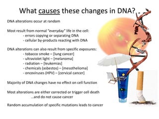 What is Cancer?
DNA directs the functions of cells
“Hallmarks” of Cancer:
(Cell 2011)
Adaptedfromwww.scienceprogress.org
Alterations in the DNA can disrupt cellular function
(mutation, amplification, deletion)
Certain specific alterations can cause cells to:
- divide constantly
- divide indefinitely
- ignore signals to stop growing
- resist cell death
- invade / spread to other sites
- recruit blood vessels
 