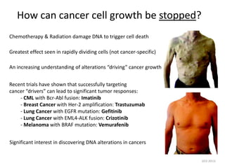 What is Cancer?
DNA directs the functions of cells
“Hallmarks” of Cancer:
(Cell 2011)
Adaptedfromwww.scienceprogress.org
Alterations in the DNA can disrupt cellular function
(mutation, amplification, deletion)
Certain specific alterations can cause cells to:
- divide constantly
- divide indefinitely
- ignore signals to stop growing
- resist cell death
- invade / spread to other sites
- recruit blood vessels
The result is Cancer
Cancer is caused by a series
of DNA alterations
 
