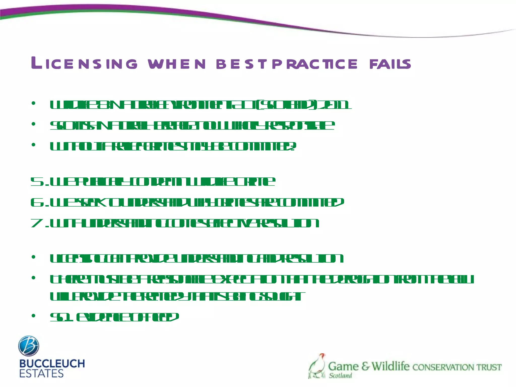 Lice ns ing wh e n b e s t p ractice fails
• W d e N t aEvomn A tSol d 21
    ilif& a r nirn et c( ctn) 01
      l    ul              a
• Soth a r H rae o woyep nib
   ct N t a eit nw hl rsos l
      is  ul    g      l      e
• W hu ae fr e my e o mt :
    it t riec s a b cm it d
      o   l im            e

5.W pb a cne n ilifCim
   e ul l odm W d e r e
       icl
         y          l
6.W se t udrad h c e a cm it d
   e eko ne t wy r s r o mt
            sn       im e     e
7.W h ne t d g o e eete eo tn
   it udra in cms fc r lio
         sn         f iv s u

• L esg a poid udrad g n r o tn
  icnin cn rv e nes nin ad e lio
                  t        su
• T e msb aesnb epc tn hth drgtnrm h l
   hr ut e r oal xetio t t eoa f t a
       e       a e     a    a e  io o e w
  wlrv e h r eyht bin suh
   il oid t e d t is e g ogt
     p      e m  a          .
• S... eidne fed
  o v ec o ne
 
