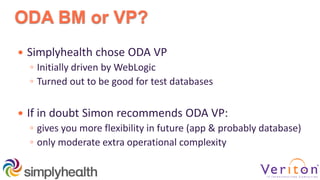 ODA BM or VP?
 Simplyhealth chose ODA VP
◦ Initially driven by WebLogic
◦ Turned out to be good for test databases
 If in doubt Simon recommends ODA VP:
◦ gives you more flexibility in future (app & probably database)
◦ only moderate extra operational complexity
 