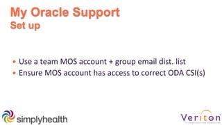 My Oracle Support
Set up
 Use a team MOS account + group email dist. list
 Ensure MOS account has access to correct ODA CSI(s)
 