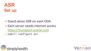 ASR
Set up
 Stand-alone ASR on each ODA
 Each server needs internet access
https://transport.oracle.com
 oakcli configure asr
 