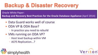 Backup & Disaster Recovery
 Data Guard works well of course
 ODA VP & ODA Base?
◦ In practice you need to rebuild
 VMs running on ODA VP?
◦ Host level backup within VM
◦ ACFS Replication...?
Oracle White Paper:
Backup and Recovery Best Practices for the Oracle Database Appliance (April 2014)
 
