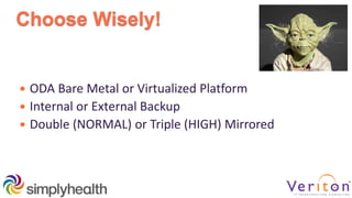 Choose Wisely!
 ODA Bare Metal or Virtualized Platform
 Internal or External Backup
 Double (NORMAL) or Triple (HIGH) Mirrored
 