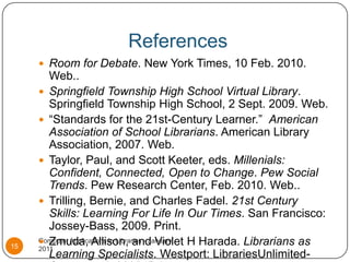 ReferencesComputer Applications in Libraries - January 201115Room for Debate. New York Times, 10 Feb. 2010. Web..Springfield Township High School Virtual Library. Springfield Township High School, 2 Sept. 2009. Web. “Standards for the 21st-Century Learner.”  American Association of School Librarians. American Library Association, 2007. Web. Taylor, Paul, and Scott Keeter, eds. Millenials: Confident, Connected, Open to Change. Pew Social Trends. Pew Research Center, Feb. 2010. Web.. Trilling, Bernie, and Charles Fadel. 21st Century Skills: Learning For Life In Our Times. San Francisco: Jossey-Bass, 2009. Print.Zmuda, Allison, and Violet H Harada. Librarians as Learning Specialists. Westport: LibrariesUnlimited-Greenwood, 2008. Print.