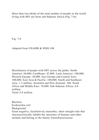 More than two-thirds of the total number of people in the world
living with HIV are from sub-Saharan Africa (Fig. 7-6).
Fig. 7-6
Adapted from UNAIDS & WHO.108
Distribution of people with HIV across the globe. North
America- 44,000. Caribbean- 47,000. Latin America- 180,000.
Western Europe- 30,000. East Europe and Central Asia-
100,000. East Asia & Pacific- 180,000. South and Southeast
Asia- 1.3 million. Australia and New Zealand- 100. North
Africa and Middle East- 19,000. Sub-Saharan Africa- 4.0
million.
Total=5.8 million
Bacteria
Escherichia coli
Background
Gram negative, facultatively anaerobic, short straight rods that
characteristically inhabit the intestines of humans and other
animals and belong to the family Enterobacteriaceae.
 