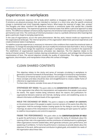 2
Experiences in workplaces
SYNTHESIZE KEY IDEAS: This point refers to the GENERATION OF CONTENTS circulating
in the organization that affects the interpretations and explanations that people create about
the events. This aspect involves being coherence about the reasons and justifications for
organizational decisions (external and internal), clarifying rumors and establishing access to
relevant information at different levels of the organization.
HOLD THE EXCHANGE OF IDEAS: This point is related to the IMPACT OF CONTENTS
on the emotional state of the people to explain incorrect versions of the events that affect the
organization. Hold the exchange involves creating spaces for the dialog to care the quality of
meanings, be aware of the interpretations of contents circulating and open spaces for opinion
to redefine misconceptions and control its expansion.
FRAME THE PERFORMANCE: This point refers to the CONTEXTUALIZATION OF ROLE
to guide the performance of people. This aspect involves the clarity of individuals about the
meaning of their role in the organization and the contribution of individual work to a global goal.
Often organizations transmit isolated ideas, which generate confusion, poor performance, and
weakening of confidence. To frame the performance is necessary to provide details about the
objectives of the work, define personal contribution to global goals, and establish the needs of
the organization about these roles.
CLEAN SHARED CONTENTS
[ ]
A
B
C
emotionalcompetitiveness
Marcelo Manucci ©2016
Emotions are automatic responses of the body which stabilize or disappear when the situation is resolved.
If emotions are physical processes that are intended to maintain in a short time, why the specific emotional
charge is maintained over time? Especially negative factors. What keeps the intensity of anger, fear, anxiety?
The thoughts and ideas transform the ephemeral reactions in emotional states that spread like a blanket
covering daily experiences. The experiences generate emotional states that define a personal approach to daily
events. The difference between emotions (body response) and emotional state (experience consequence) is the
permanence over time. The continuity of chemical processes is due to a symbolic dimension (the meaning) that
gives a particular shape to everyday experiences.
In the case of organizations, occurs the same phenomenon. We live, work, interact inside our experiences of
the organizational landscape. The internal dynamics of the organization determines personal experiences and
create emotional states in workplaces.
To redefine corporate experiences is necessary to intervene in the conditions that create the emotional states at
workplaces. To change the everyday landscape, we must modify the emotional state that holds it. And, to change
the emotional state must change the experience of people in workplaces. How to transform the experience?
The redefinition of organizational experiences articulates two objectives. The first objective relates to the
clarity of shared content. This point involves clearing contradictions, confusion, and verbiage that influence the
interpretation of facts. The second objective includes the quality of relationships. This stage means prevents
aggression, discrimination, and manipulation those affect the context of linkages.
This objective relates to the clarity and sense of concepts circulating in workplaces to
generate a coherent framework of shared ideas. The verbiage is functional to improvisation.
The excess of nonsense words causes confusion and suspicion in relationships. Therefore,
these concepts and ideas should be clear and straightforward to create a stable frame of
reference to organizational context.
To share clear contents, consider three axes of intervention:
 